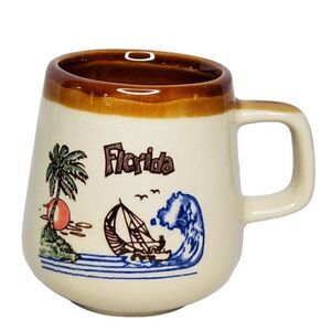 Vintage Florida Dinghy Sailing Ceramic Coffee Mug Palm Tree Sun Set Big Wave